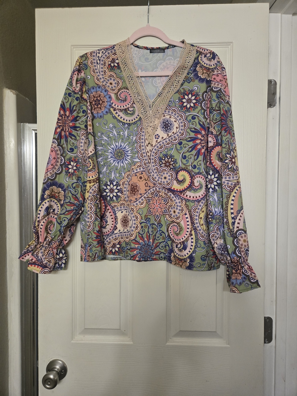 Paisley V-Neck Long Sleeve Blouse - Green & Pink